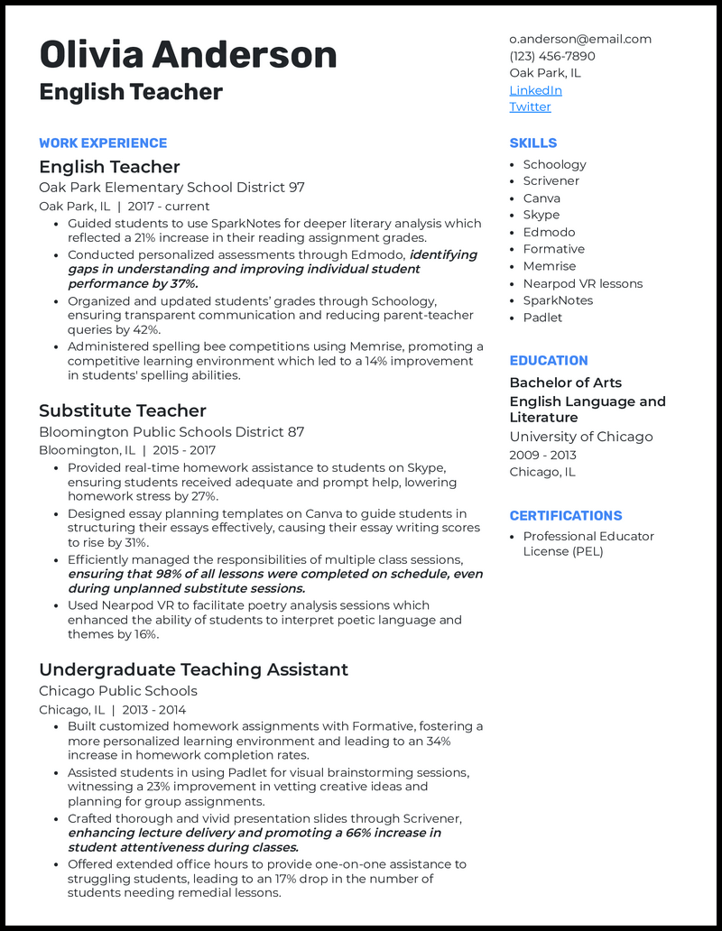 English teacher 5 resume example with 6 years of experience