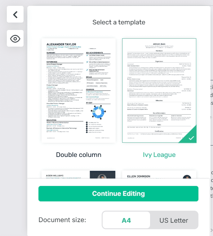 Enhancv's resume templates choices