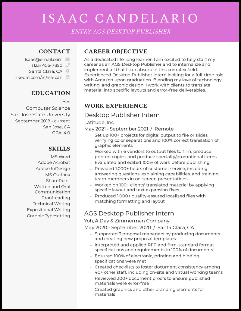 Entry ags desktop publisher resume example 