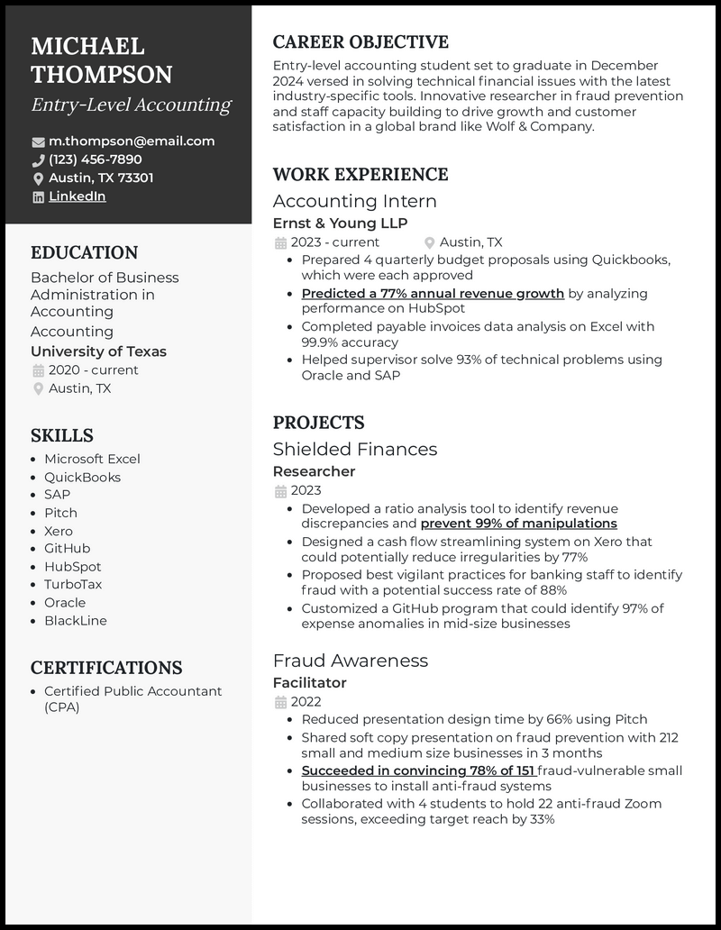 Resume Entry Level Summary Examples   Entry Level Accounting Resume Example 