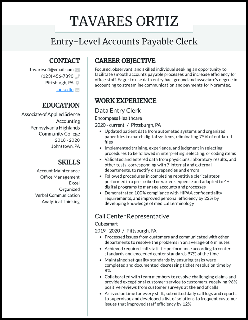 9 Accounts Payable Resume Examples Built For 2024   Entry Level Accounts Payable Resume Example 