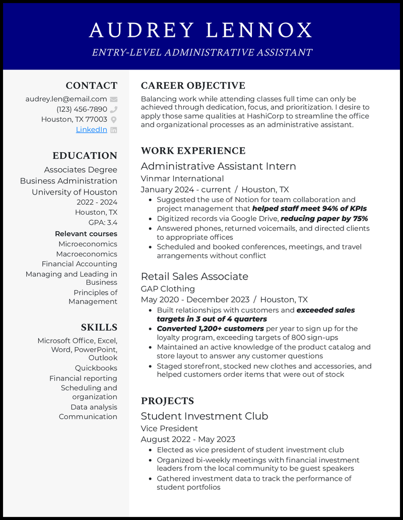 5 Real Entry Level Admin Assistant Resume Examples That Worked In 2024   Entry Level Administrative Assistant Official Resume Example 