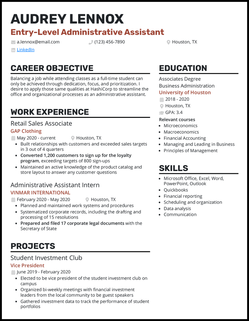 Entry Level Administrative Assistant Resume Sample