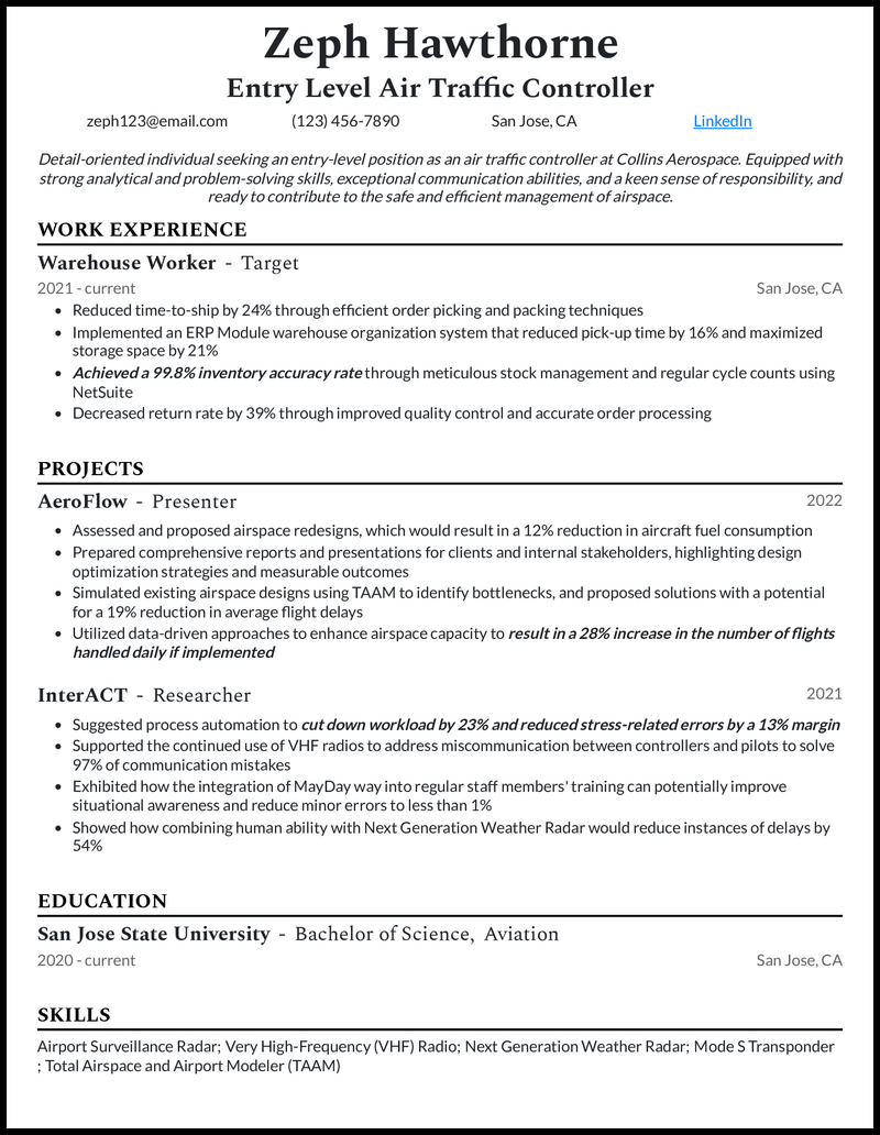 Entry-Level Air Traffic Controller resume example with project experience