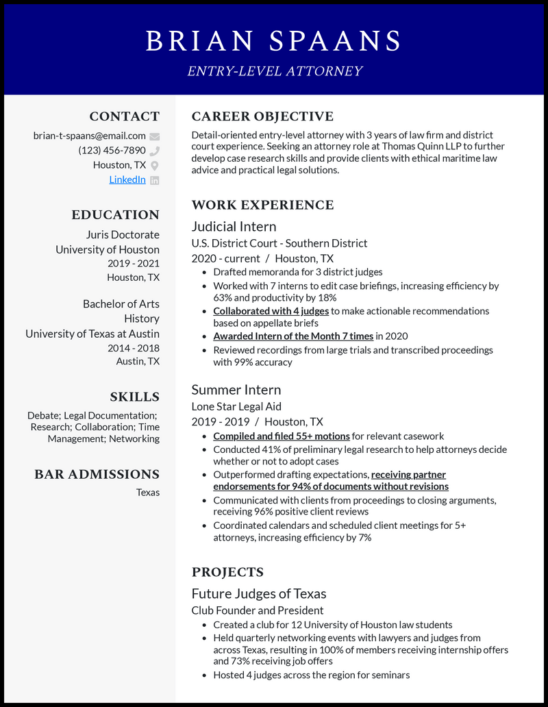 Elegant entry level attorney resume example