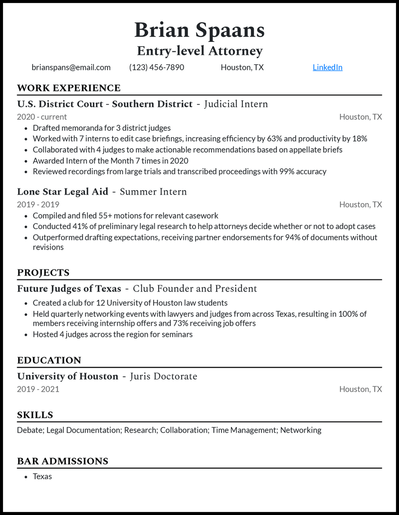 Clean entry level attorney resume example