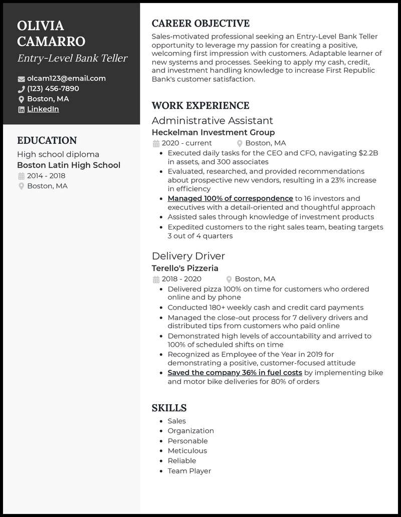 resume for entry level bank job