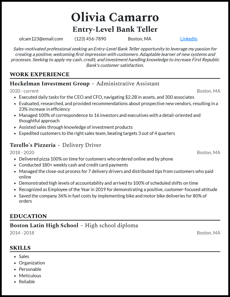 3 Entry Level Bank Teller Resume Examples For 2024   Entry Level Bank Teller Professional Resume Example 