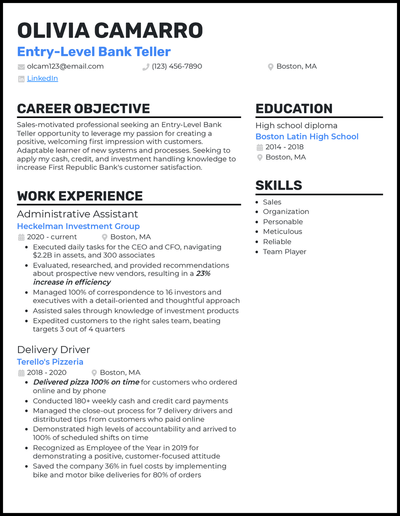 5 Entry Level Bank Teller Resume Examples For 2024   Entry Level Bank Teller Standout Resume Example 