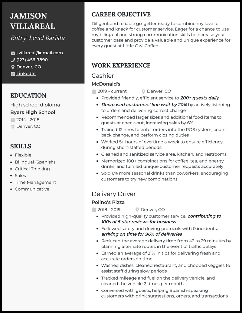 3 EntryLevel Barista Resume Examples That Work in 2023