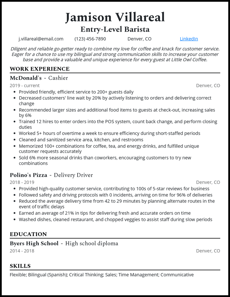 sample resume for barista position with no experience