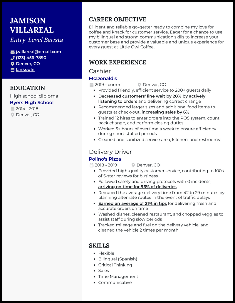 Entry-level barista resume example with 3 years of experience