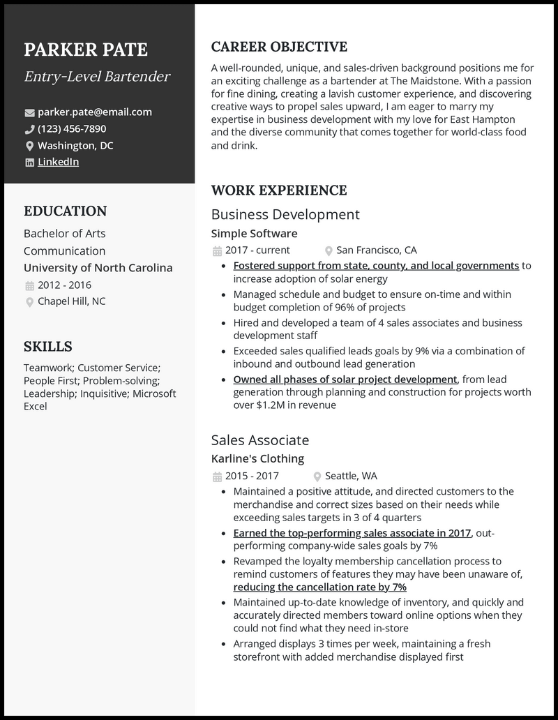 resume summary for bartender experience