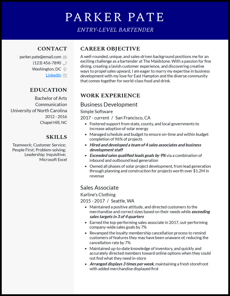 3 EntryLevel Bartender Resume Examples for 2023