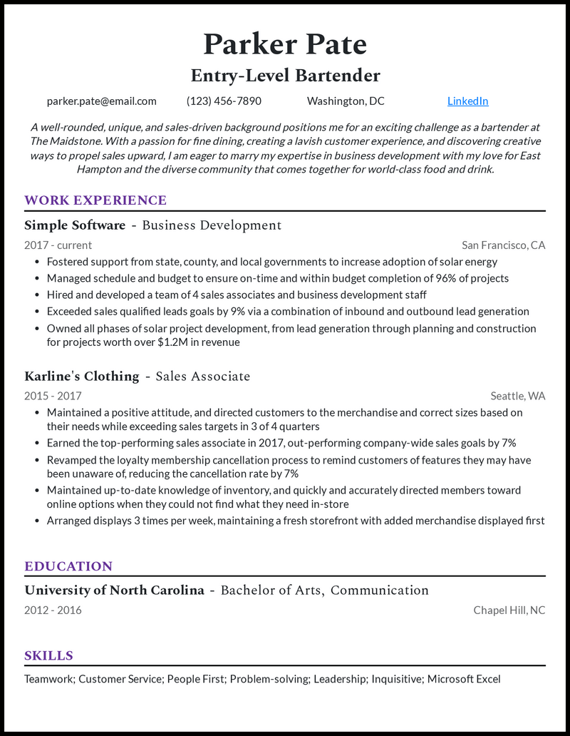 applying for a bartender position resume