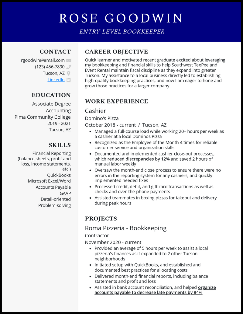 Modern entry level bookkeeper resume example with no experience