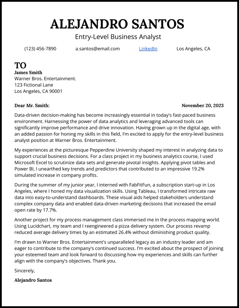 Entry-Level Business Analyst cover letter template