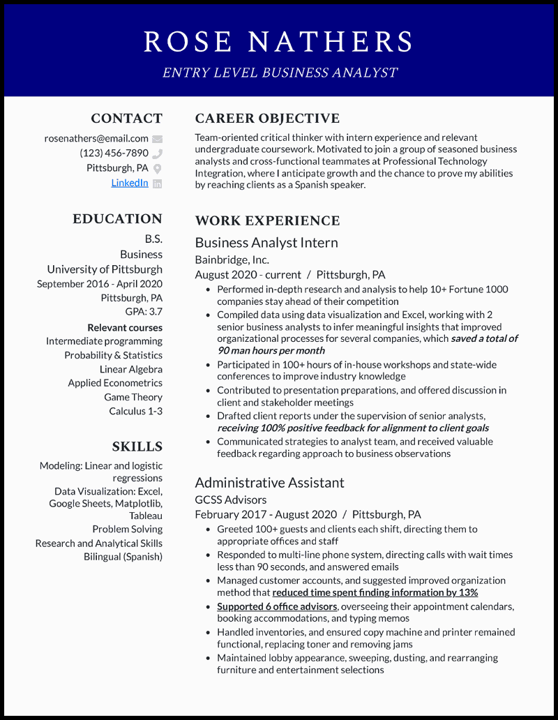 Clean entry level business analyst resume example