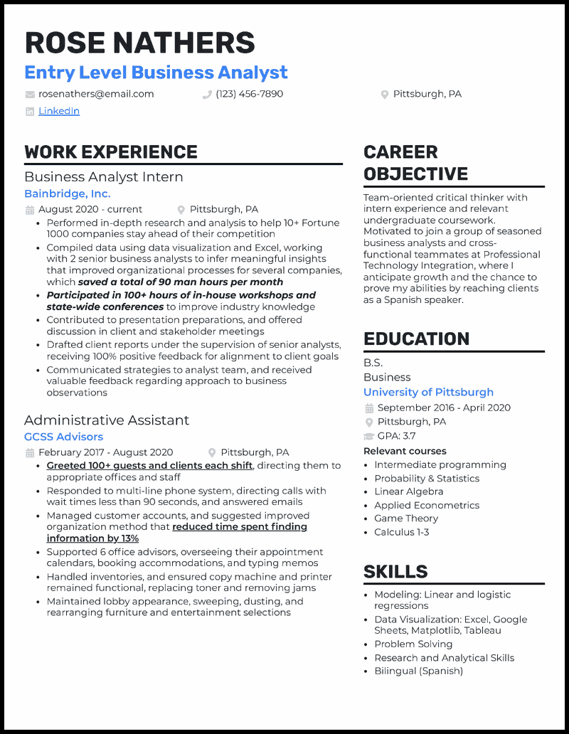 Entry level business analyst resume example with no experience