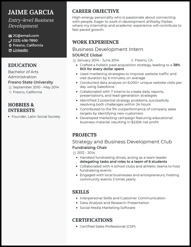 Entry level business development resume example with no experience