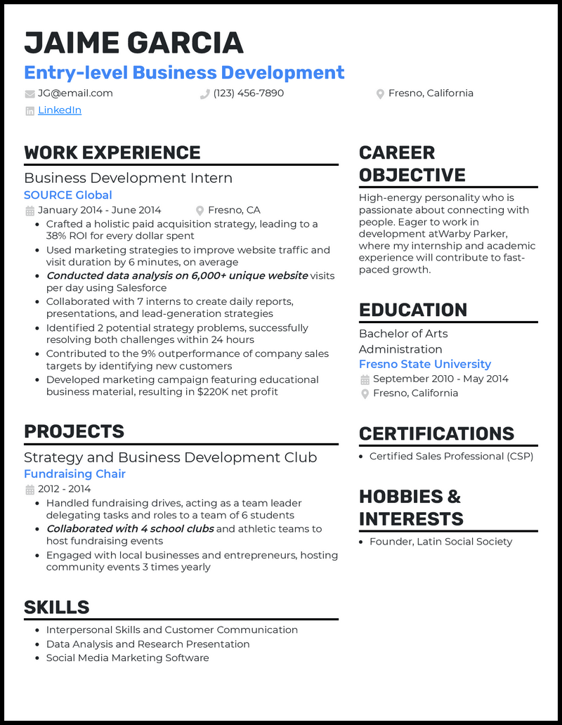 Professional entry level business development resume example