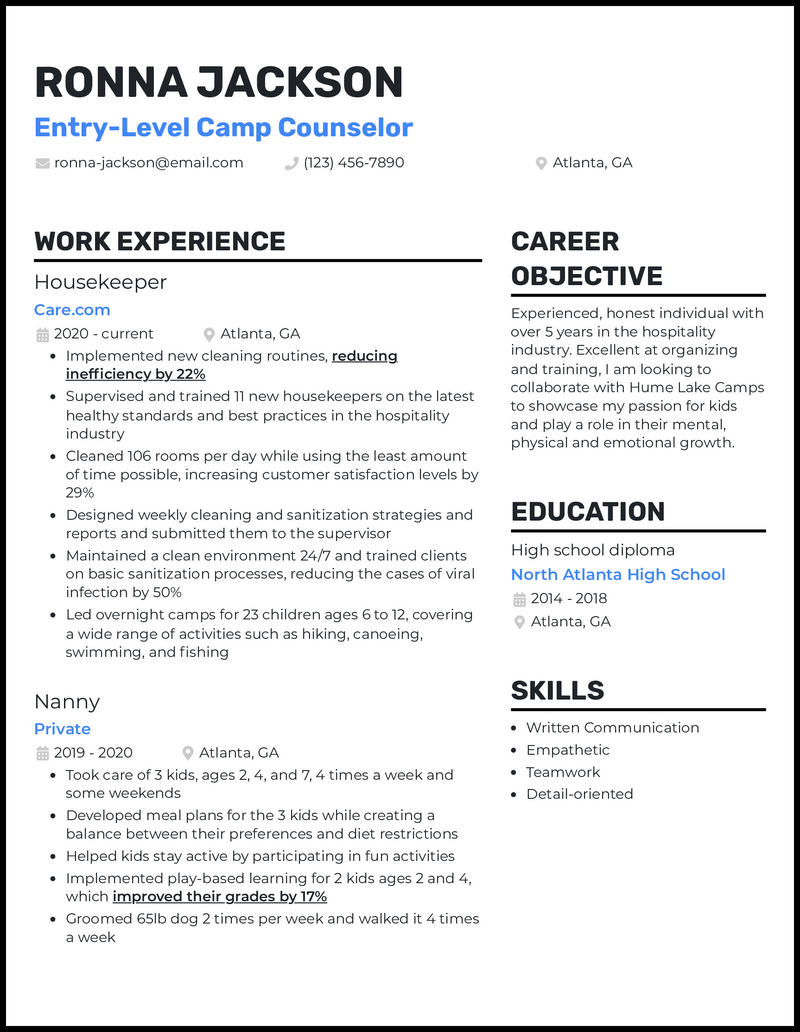 Free Template For Professional Counselor Resume Parentkool   Entry Level Camp Counselor Resume Example 