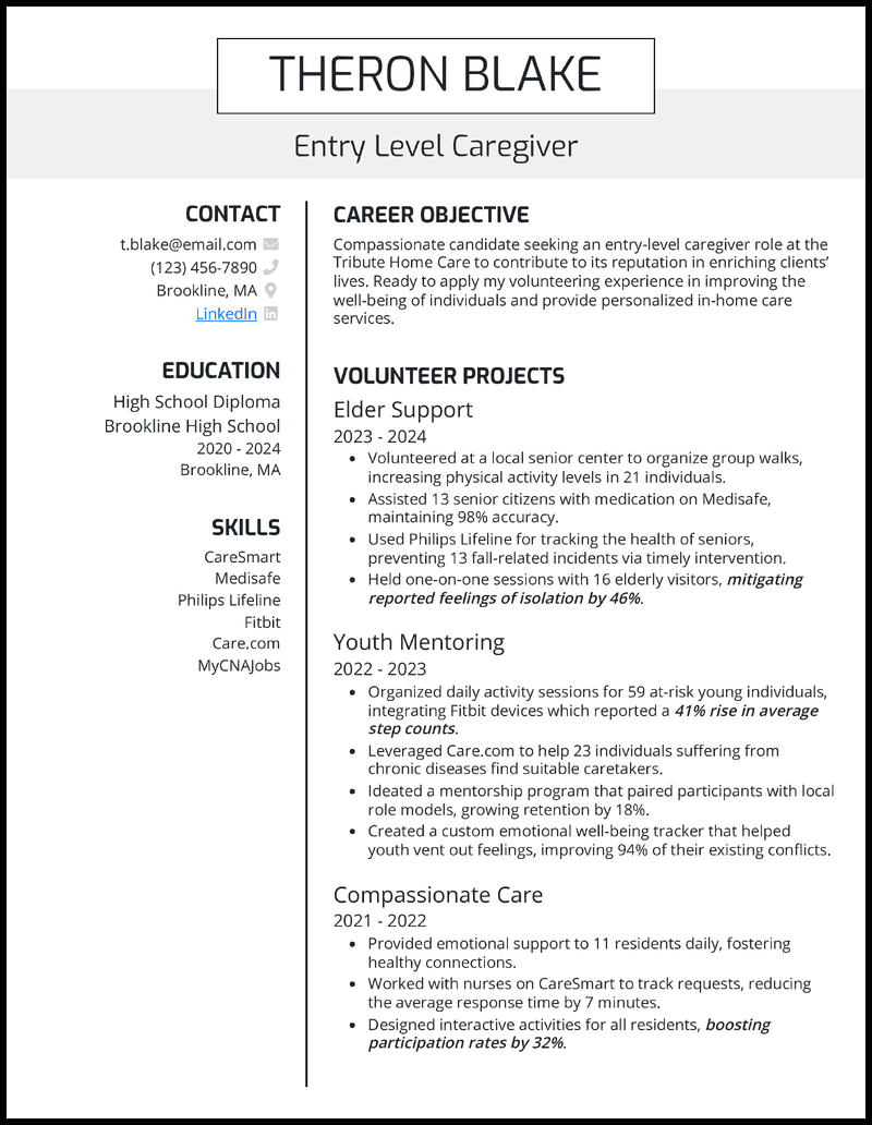 Entry-level caregiver resume example with projects' experience