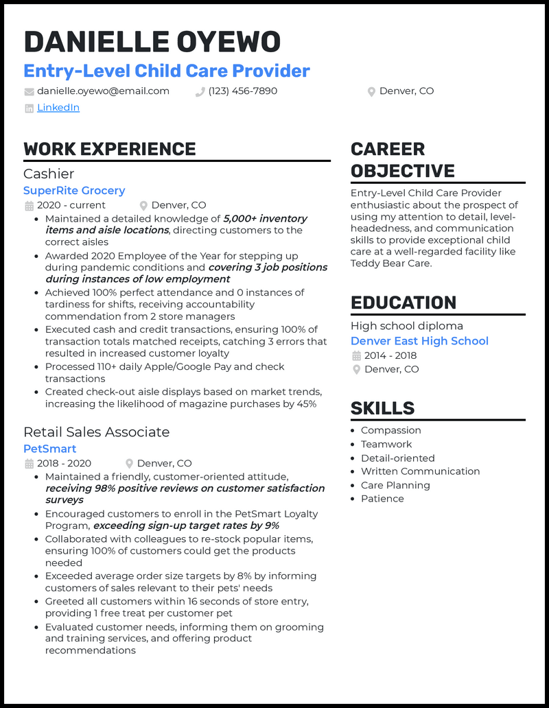 Entry level child care resume example with no experience