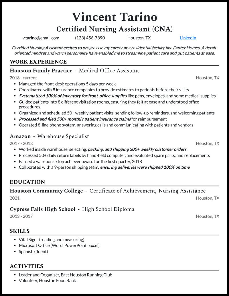 Entry-level cna resume example with 4 years of experience