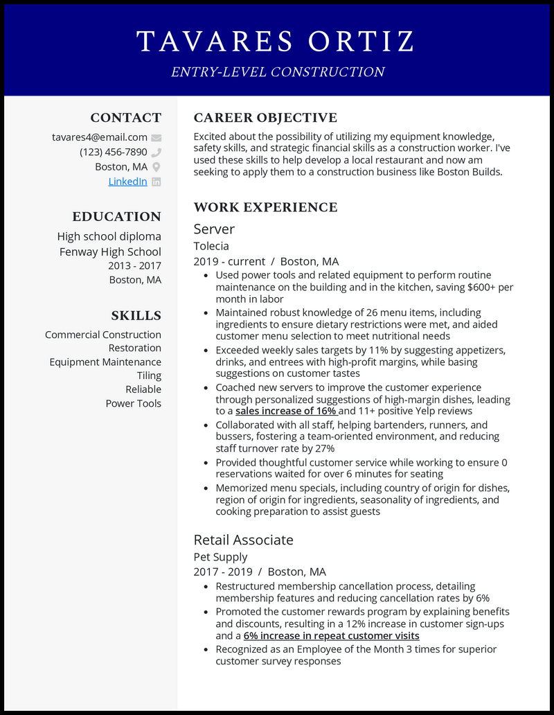 Modern entry level construction resume example with no experience