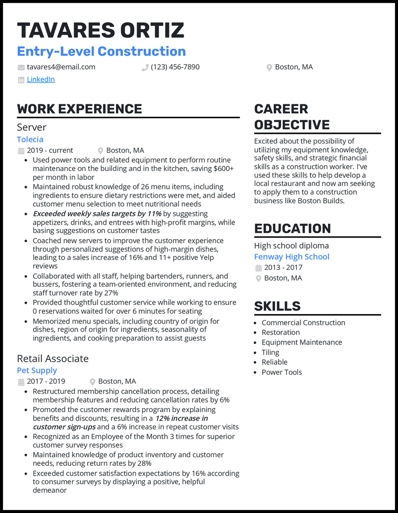 Entry level construction resume example with no experience