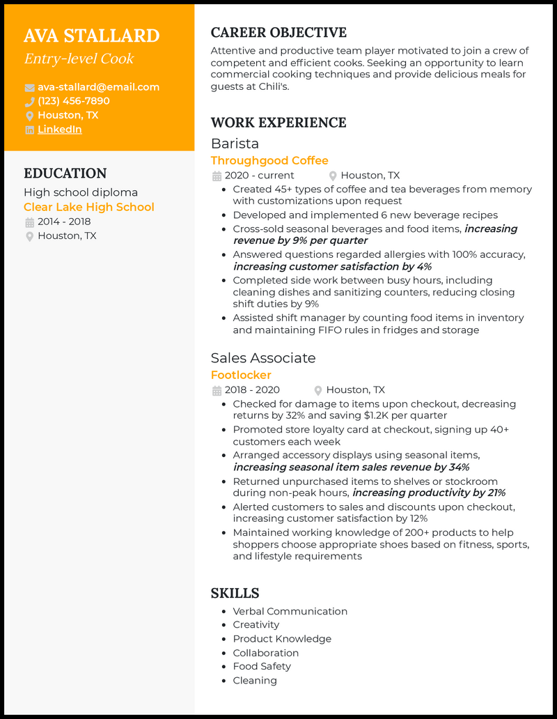 Modern entry level cook resume example with no experience