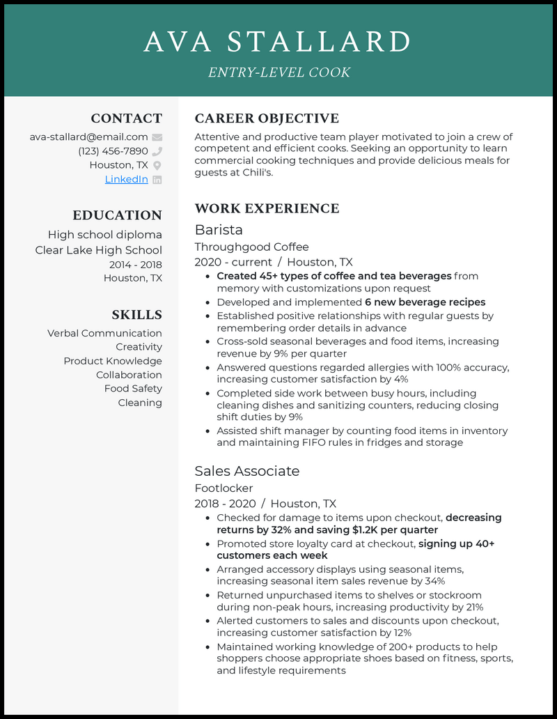 entry level cook resume with no experience