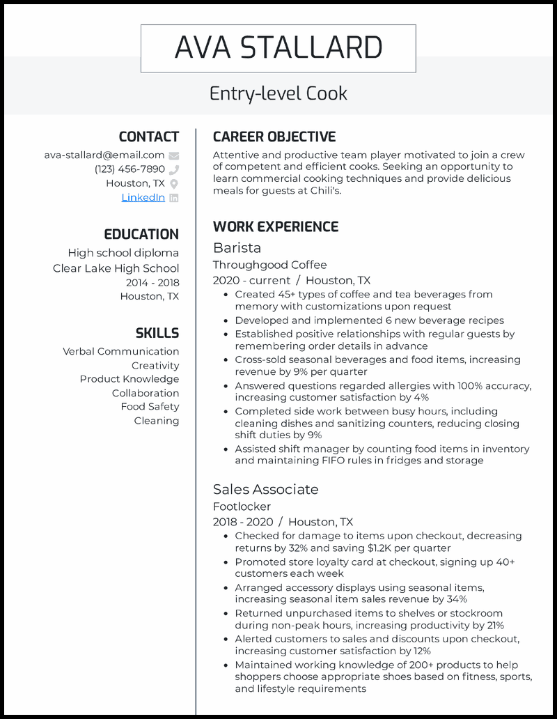 Entry-level cook resume example with 3 years of experience