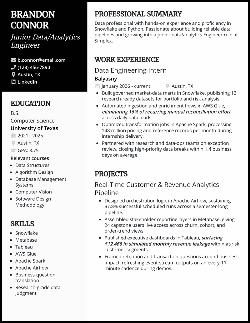 Entry-level data engineer resume example 