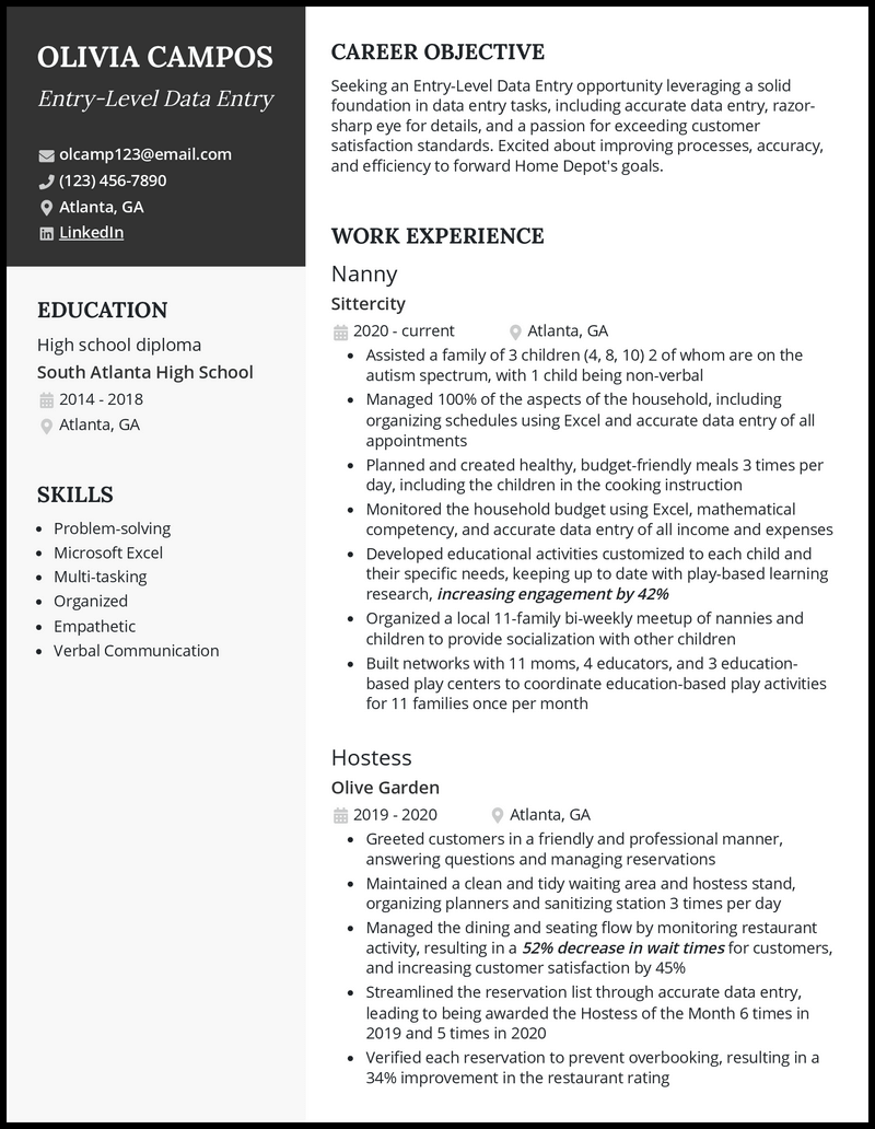 Entry level data entry resume example with nanny experience