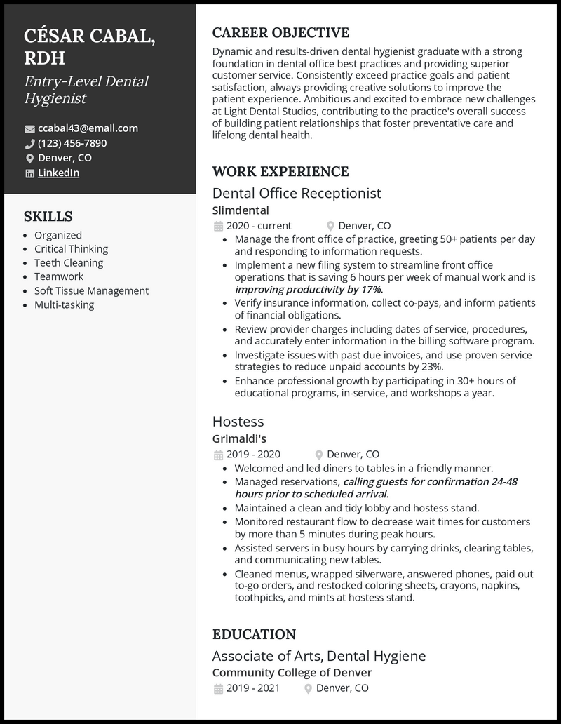 dental hygienist resume objective