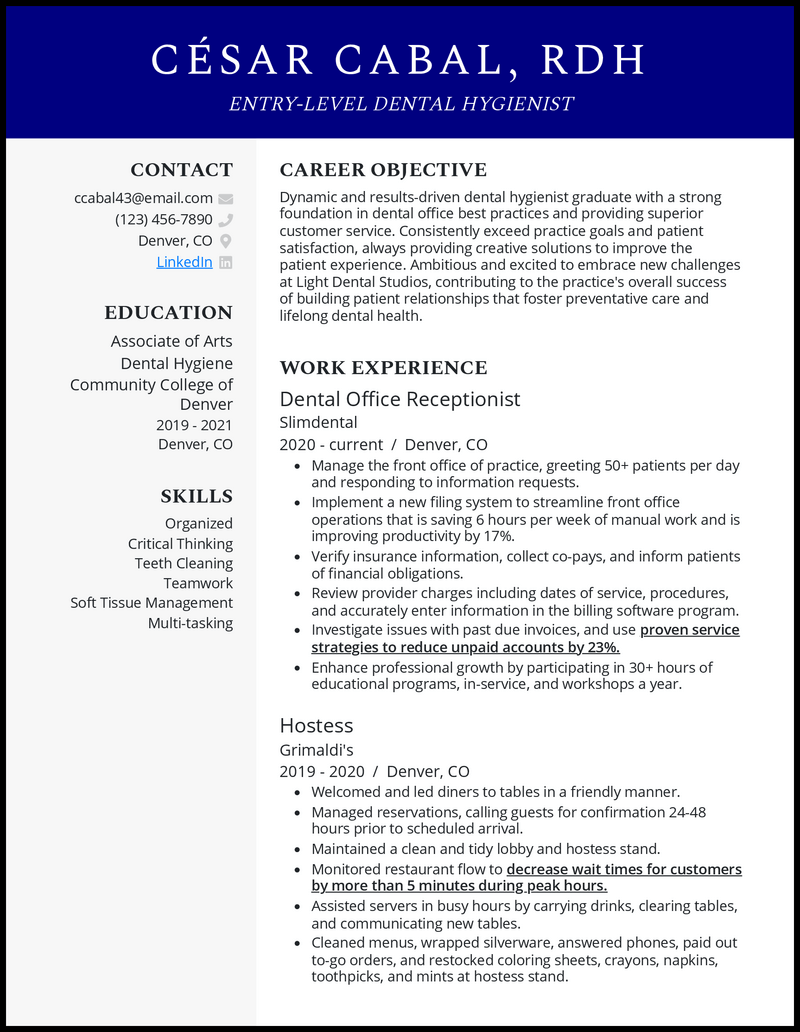 Clean entry level dental hygienist resume example with no experience