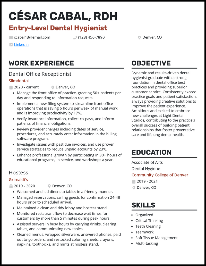 functional resume dental hygiene