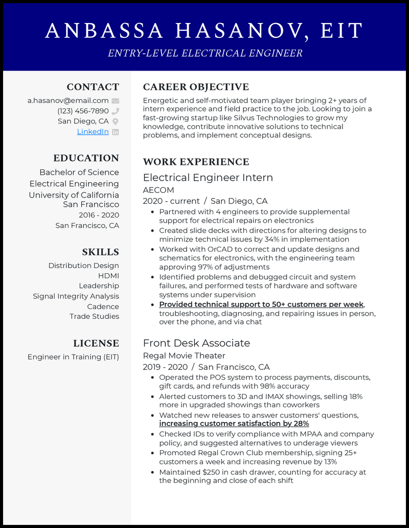 Modern entry level electrical engineer resume example with no experience