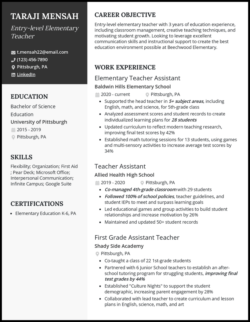 Entry level elementary teacher resume example with 2 years experience