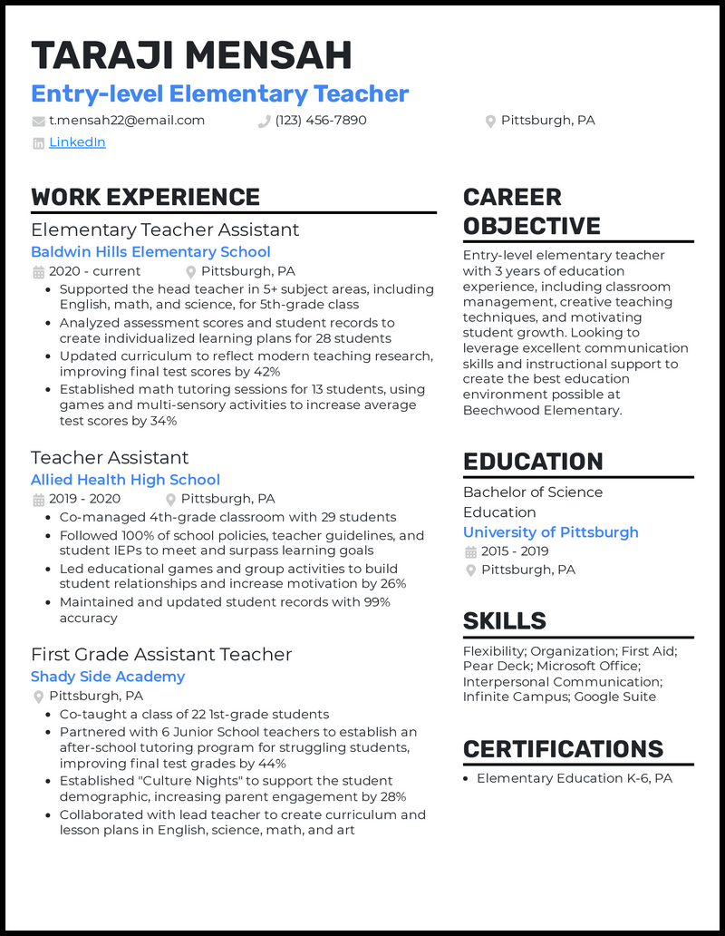 Teacher Resume With No Experience   Entry Level Elementary Teacher Resume Example 