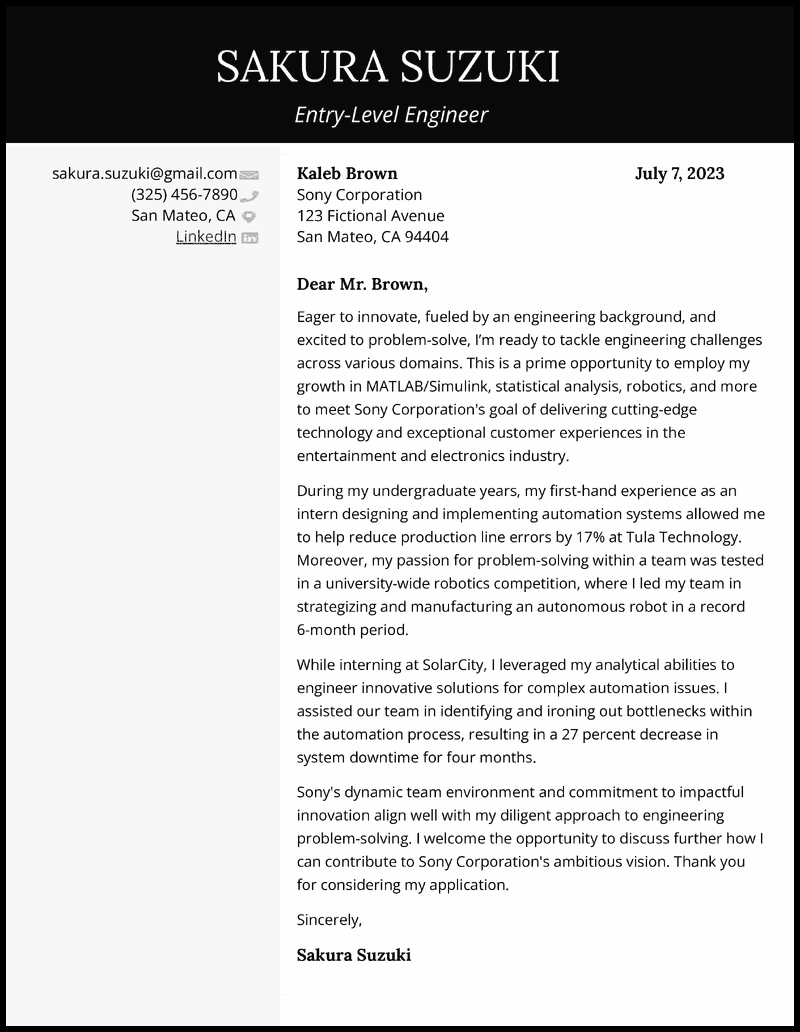 Entry-level Engineering cover letter example