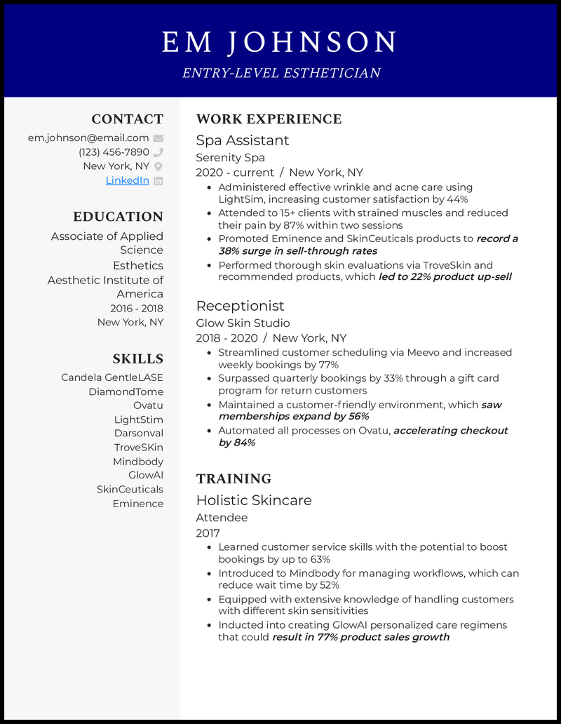 Modern entry level esthetician resume example with no experience