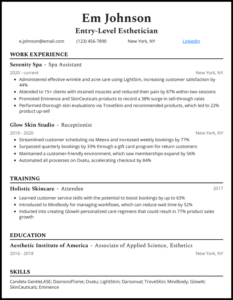 Professional entry level esthetician resume example with no experience