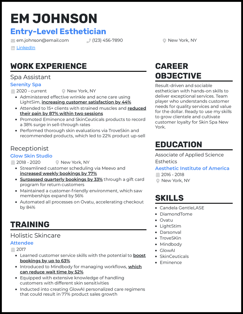 Entry level esthetician resume example with no experience