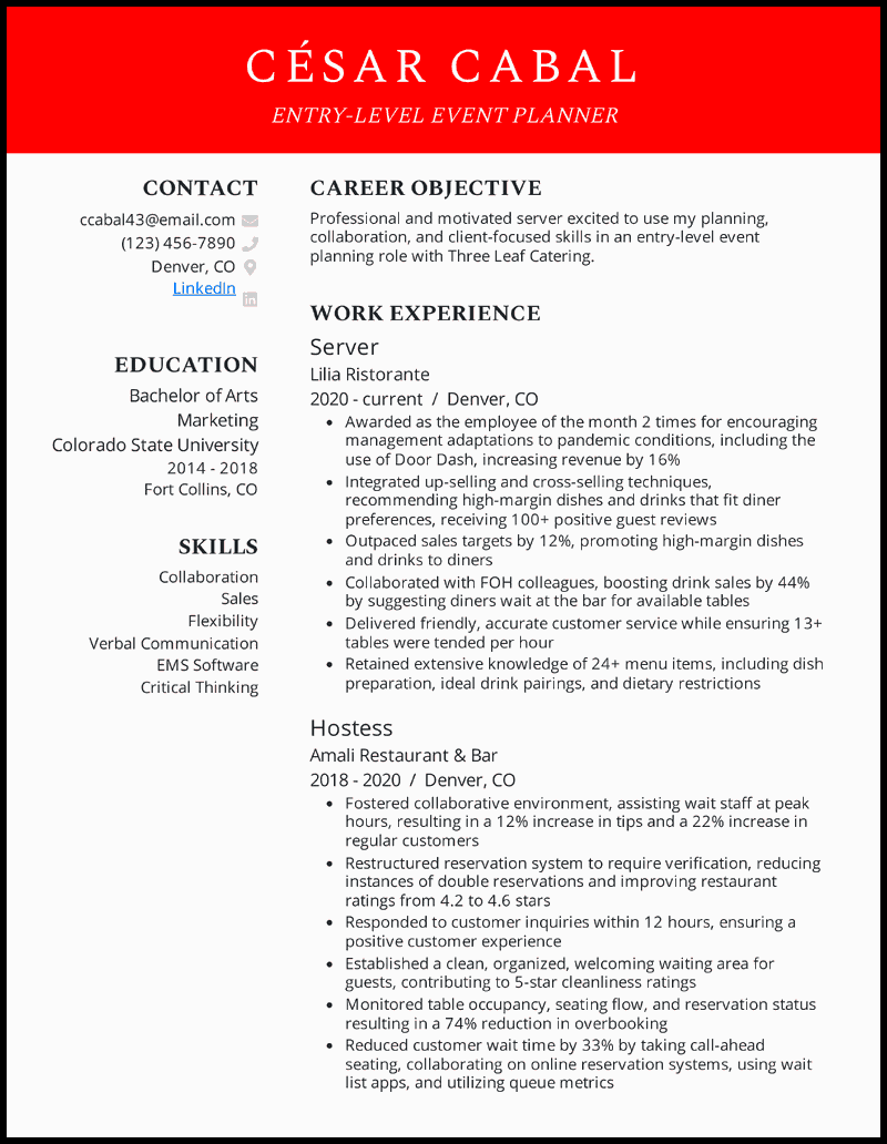 Entry-level event planner resume example with 3 years of experience