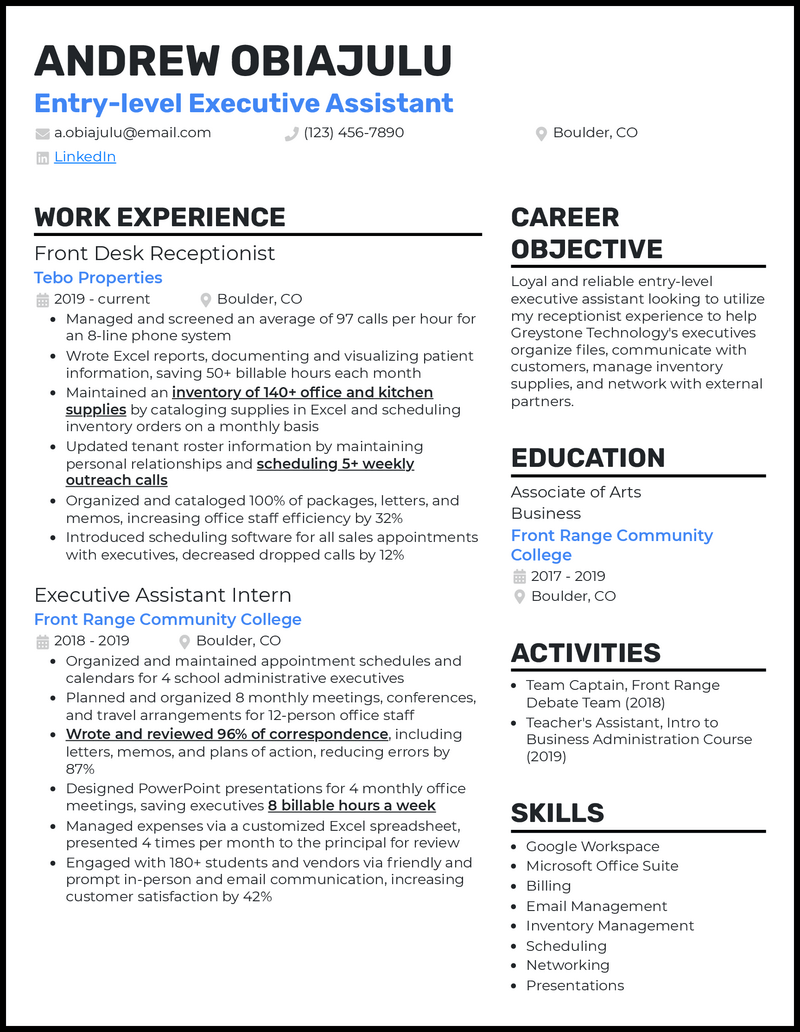 3 Real EntryLevel Executive Assistant Resume Examples That Worked in 2024