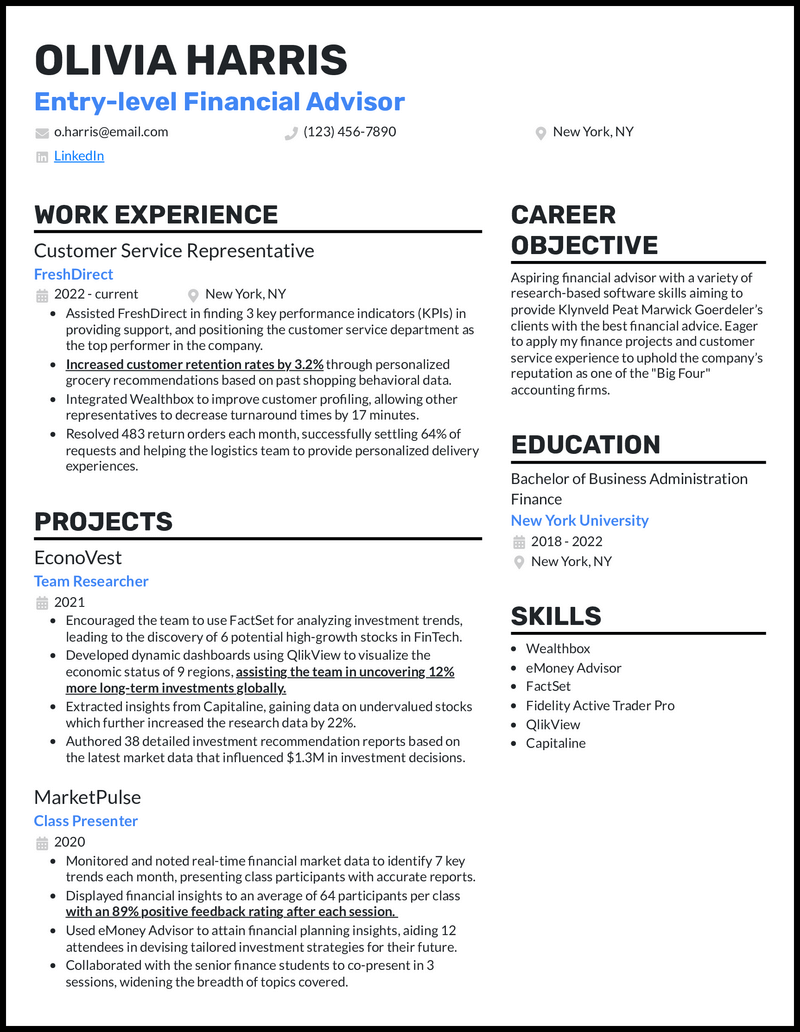 Entry level financial advisor resume example with a research project experience