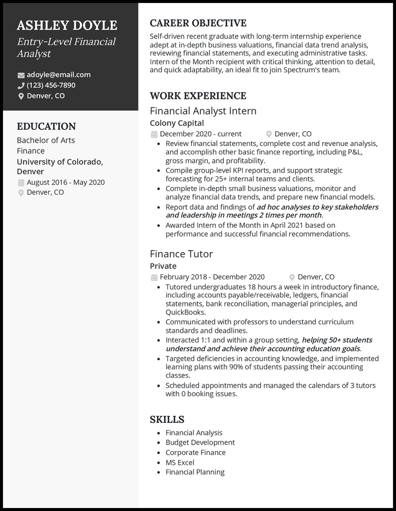 Entry level financial analyst resume example with no experience